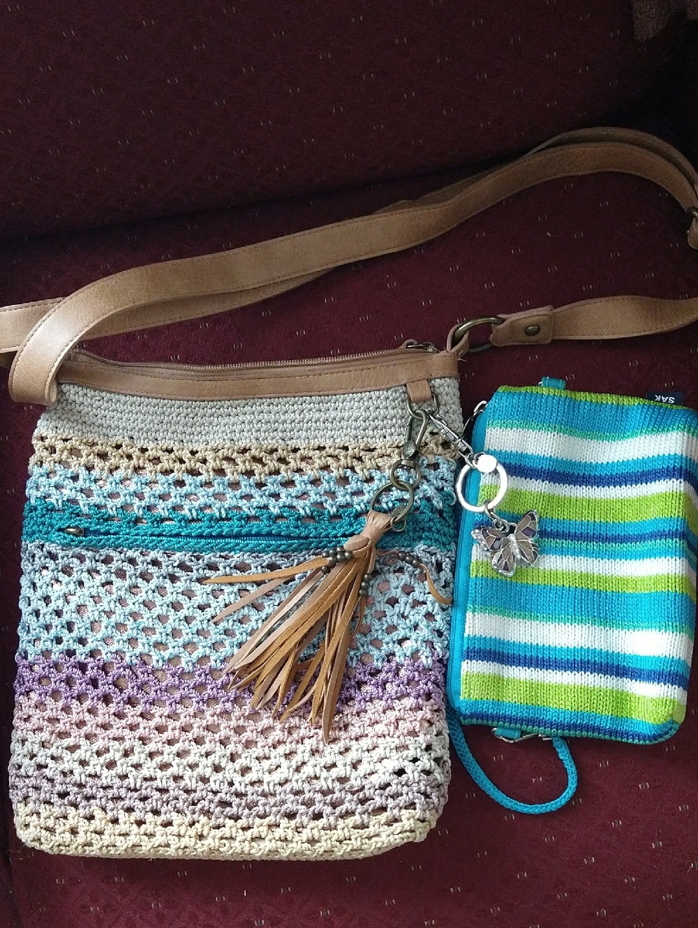 2PC The Sak✨ Women's Lucia Crochet Crossbody Bag✨+🩵the Wristlets 🩵Stripe